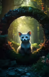 the adorable fox is nestled into a hollow in the forest