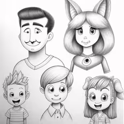 a family portrait is made with pencils in this art work,a drawing of three different people with one dog