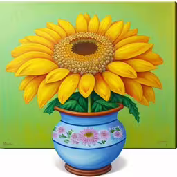 a painting of a large yellow flower in a blue pot,a yellow flower in a blue and white vase