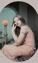 a young woman sitting on a stool next to a lamp