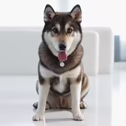 dog sitting on a white carpet in front of a couch
