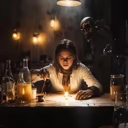 the young girl sits in front of the table with a burning candle