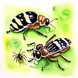 two different bugs sitting next to each other,two bugs and some bugs in a green field