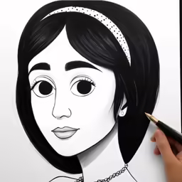 a girl with black hair wearing a tiara drawing