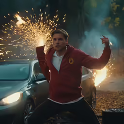 a man standing in front of a car throwing firecrackers