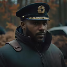 man with a military cap on stands by vehicles
