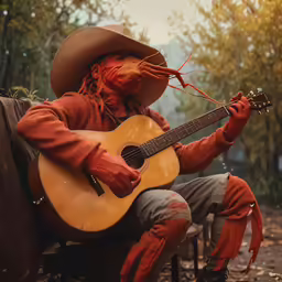a scarecrow playing the guitar while sitting on a bench