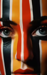 a woman with a painted face and striped face makeup