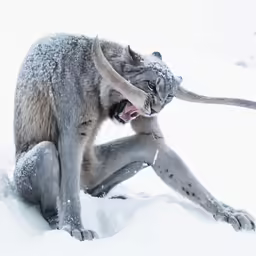 a snow leopard is playing in the snow