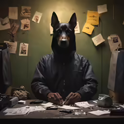 a dog is wearing a black hoodie with paper all over it