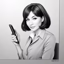 a pencil drawing of a young woman holding a cell phone