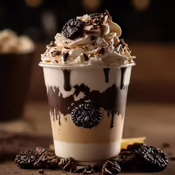 a chocolate dessert drink with cookie pieces and whipped cream