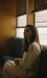 a woman sitting in a chair in front of a window