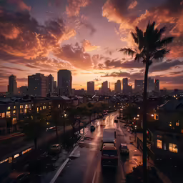 the city skyline is all lit up during sunset