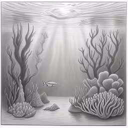 a pencil drawing of an underwater scene,an underwater scene shows coral reefs and fish,drawing of an underwater scene with fish, corals and coral tree,an underwater drawing with seaweed and fish in gray tones,this is an image of the underwater scene