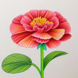 an image of an image of a large flower,a close up of a pink flower on a white background,an orange and pink flower with a stem,the picture is made up of colored pencils,a drawing of a pink flower on a white background