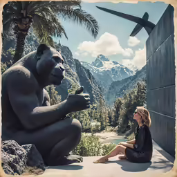 a woman sitting in front of a gorilla and bird