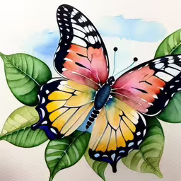 a colorful butterfly resting on a green leaf,watercolor drawing of a butterfly on leaves,a watercolor painting of a butterfly on green leaves,the watercolor of a butterfly on a leaf,a painting of a butterfly and some leaves