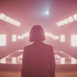 the man standing in the red room is looking at the ceiling