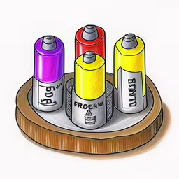 four colored batteries in a wooden holder on white background,three crayons on a holder with the words happy birthday written on them,three different colored batteries are placed in the middle of a tray,an image of several different colors of paint,three crayons that are sitting on a wooden container