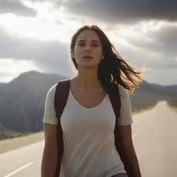a girl with a backpack walking down a road