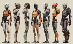 a group of robot like models are standing next to each other