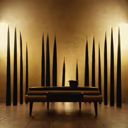a wall with some candles in it and a table with some cups
