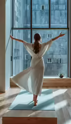 a woman standing in a yoga position with her arms spread wide