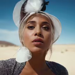 a beautiful blonde with big white feathers on her head