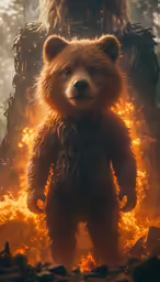 the beast is standing in front of a huge fire