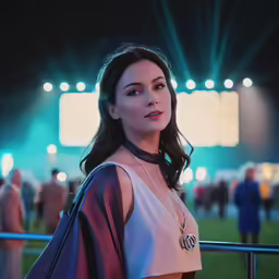 a woman stands by a fence and looks off into the distance