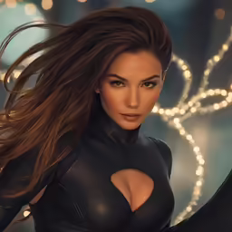 a pretty young woman posing in a leather suit