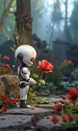 a robot holding a red flower in its hand