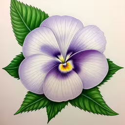 a painting of a white and purple flower with green leaves,a picture of flowers with green leaves painted on it