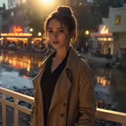 a woman posing with a river side cityscape