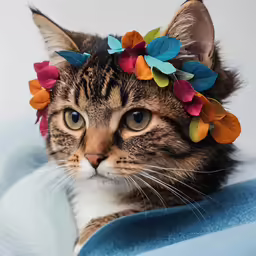 a close up of a cat wearing a flower headband