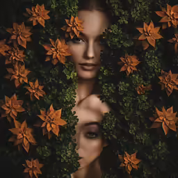 two women surrounded by foliage, one looking to her left