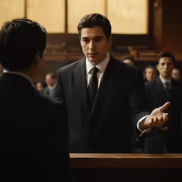 a man speaking in a courtroom with another man in the background