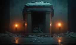 an empty cabinet surrounded by candles sits on the floor