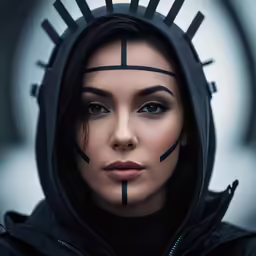 a woman with face make - up and a hooded jacket