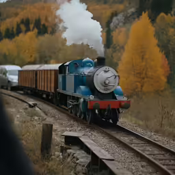 a blue and red train pulling into a station