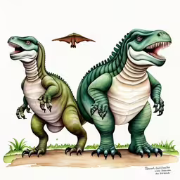 two alligators with green, white, and grey colors are standing on a surface while one looks at the same animal