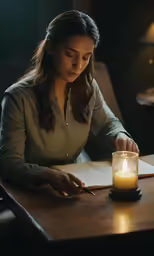a woman writing a note while sitting at a table