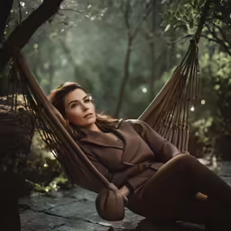 a woman laying down on a hammock in a forest