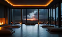 a room with three reclining couches and floor to ceiling windows
