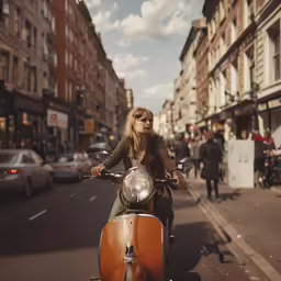 woman riding motorcycle on street with many parked cars
