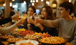 a group of friends making cheers while sitting around a table