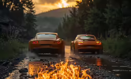 two cars driving down a street during the sundown