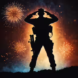 a soldier saluting fireworks in the dark,the silhouette of a man is in silhouette with fireworks