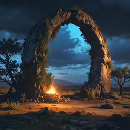 fire pit with tree and rocks in the background